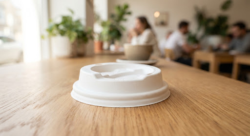 Paper lid resting on a wooden table in a modern cafe